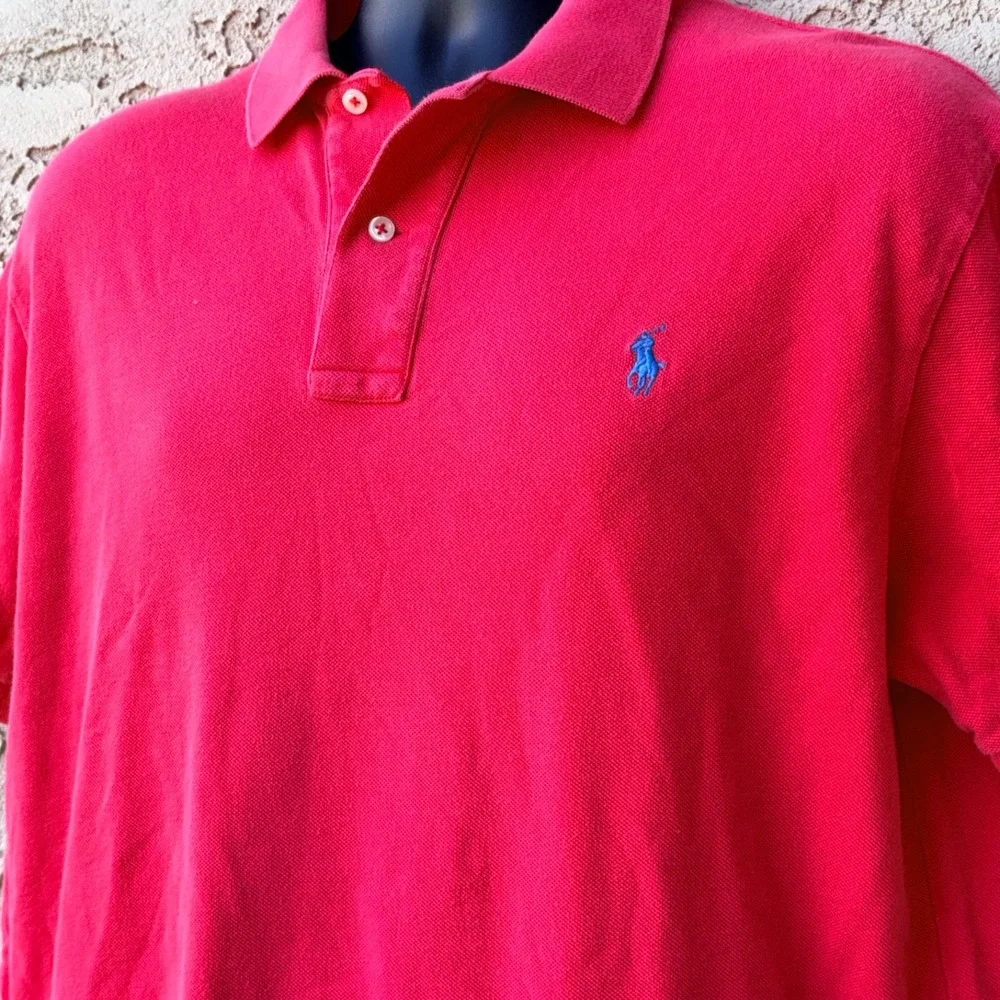VTG Ralph Lauren Polo Shirt Mens L Red Blue‎ Pony Golf Rugby Casual Preppy Pique